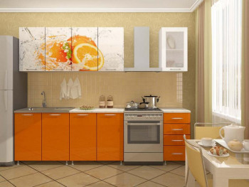 Кухонный гарнитур 1,6м Апельсин (Белый/Оранжевый металлик/Фотопечать апельсин) в Быстровке - bystrovka.mebel54.com | фото